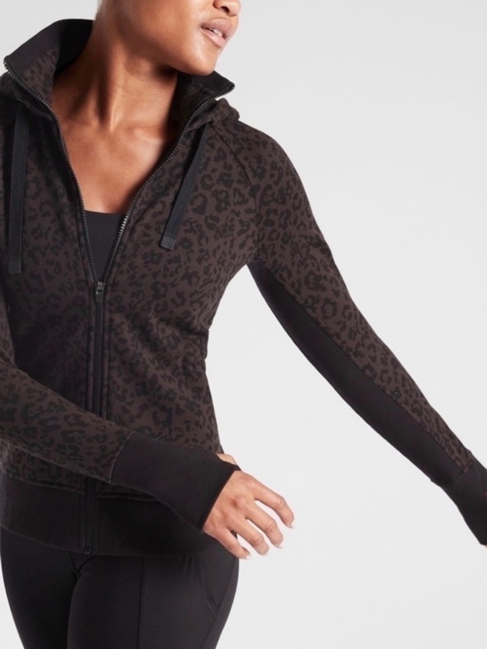 Athleta Leopard Print Full Zip Hoodie Jacket Sweatshirt Brown Black Medium